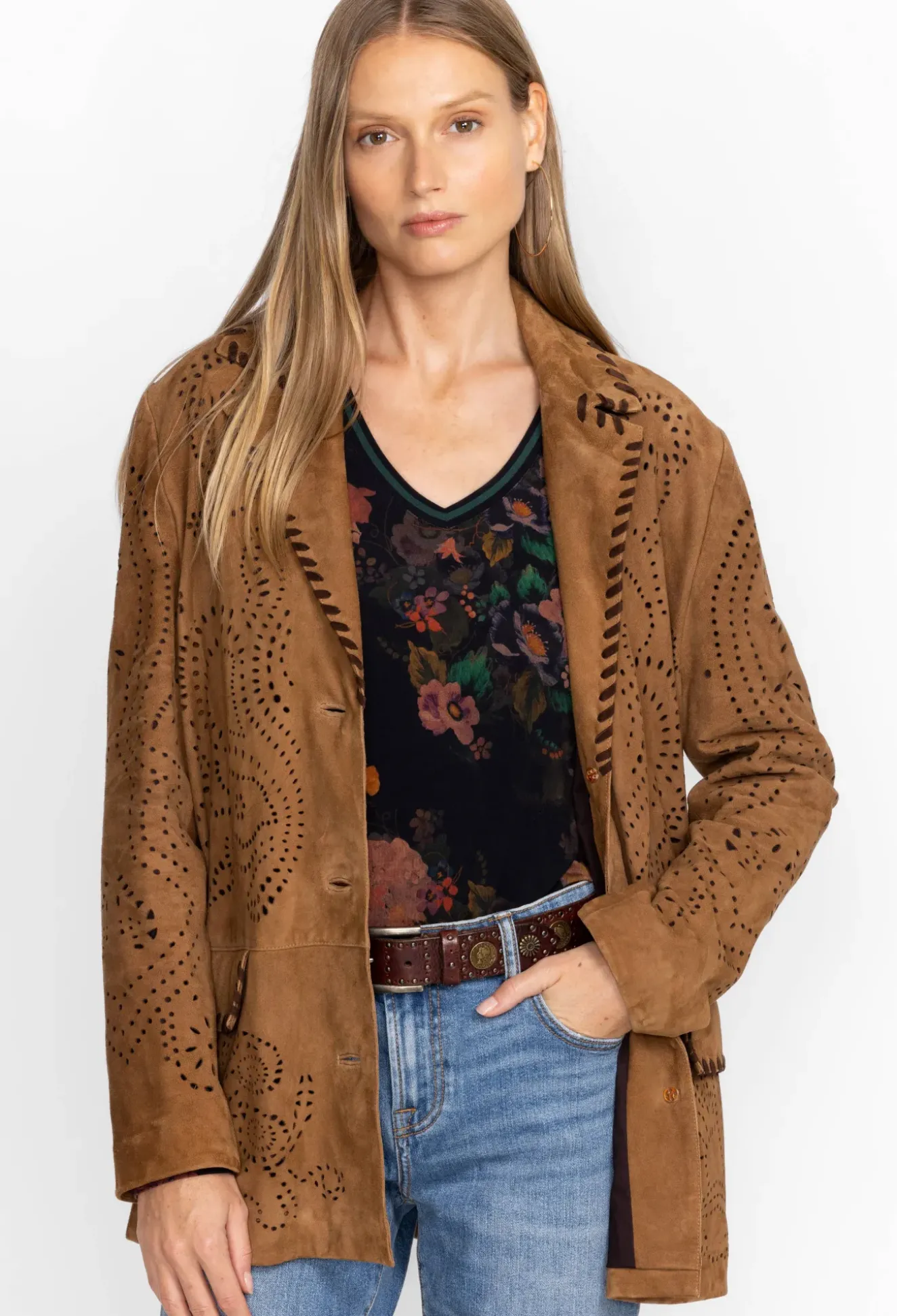 Laser Cut Suede Whipstitch Blazer